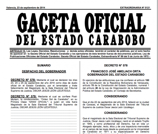 Conferida “Orden Sol de Carabobo”  post-morten al magistrado Oscar León Uzcategui 